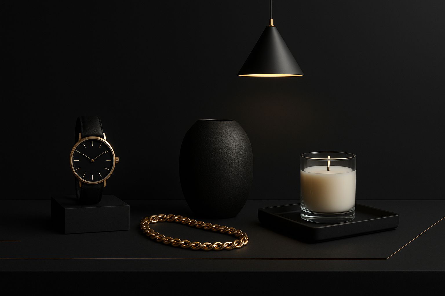 Un banner elegante y sofisticado para una tienda online de productos del hogar, moda y accesorios de lujo. Fondo en negro profundo con detalles dorados sutiles, iluminación moderna y un estilo minimalista. Mostrar productos variados como un reloj elegante, una cadena dorada y elementos de hogar refinados, todo con un toque premium y armonioso. Sin texto.
